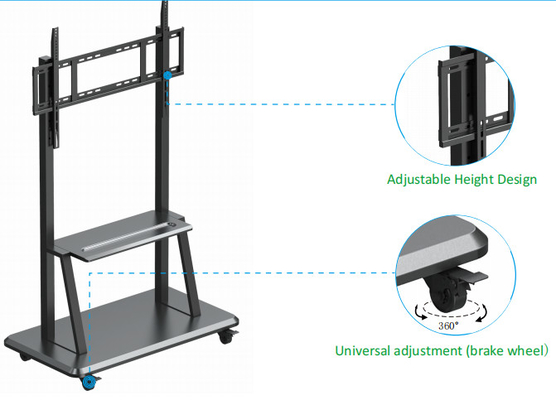 220LBS Electronic Mobile Stand 800x600mm Black Metal 52-86 Inch لشاشة تعمل باللمس