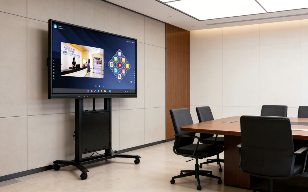 عربة كهربائية متحركة للتلفزيونات الذكية مقاس 65-86 بوصة مع ارتفاع قابل للتعديل ووزن أقصى للحمل 100 كجم